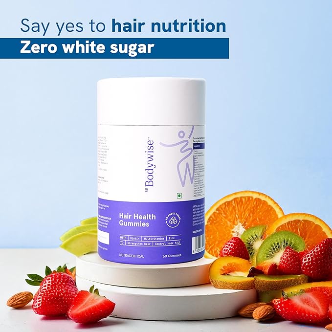 Be Bodywise Biotin Hair Gummies for Stronger, Shinier Hair & Nails | 60 Days Pack | with Biotin, Zinc, Folic Acid, Fibre & Multivitamin | Strawberry Flavour | No Added Sugar & Gut Friendly