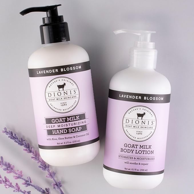 Dionis Goat Milk Skincare Lavender Blossom Body Lotion & Hand Soap Gift Bundle - Lavender Scented Cream & Concentrated Liquid Soap Gently Clean, Moisturize & Nourish Dry Hands, 8.5 oz Pump Bottles