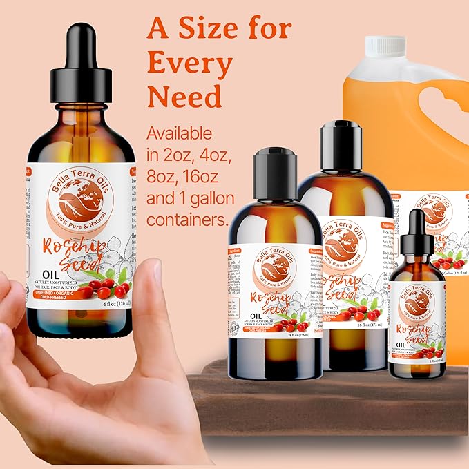 Bella Terra Oils Organic Rosehip Oil for Face, Pure Cold-Pressed Rose Hip Seed Oil for Skin & Hair, Natural Moisturizer & Anti-Aging Facial Oil