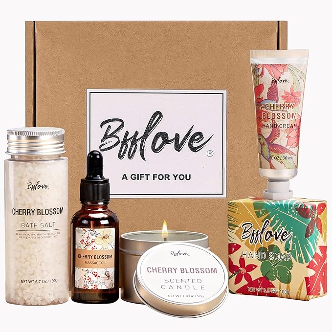 Gifts for Women BFFLOVE Gift Set for Women 5pcs Cherry Blossom Spa Set, Birthday Gifts for Her with Massage Oil, Scented Candle, Bath Salts, Hand Cream