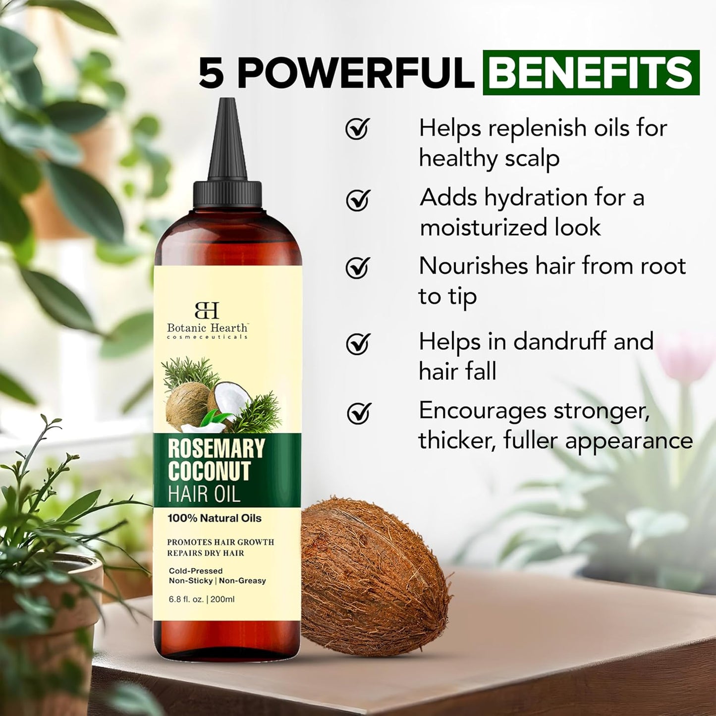 Botanic Hearth 100% Pure Rosemary, Coconut & Avocado Oil For Hair Growth (6.7 fl oz) Infused Rosemary, Coconut, Biotin|Hair Oil Repairs Dry Damaged Hair, Strengthening, Healthier Hair- Hair Tonic