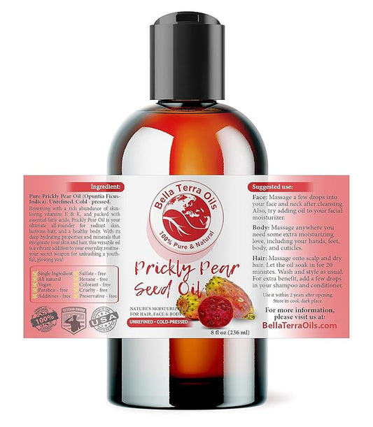 Bella Terra Oils - Prickly Pear Seed Oil 8 oz - The Symmetry of Cactus Extract & Barbary Fig, Overflowing with Vitamin B & Zinc, A Precious Skin Delight