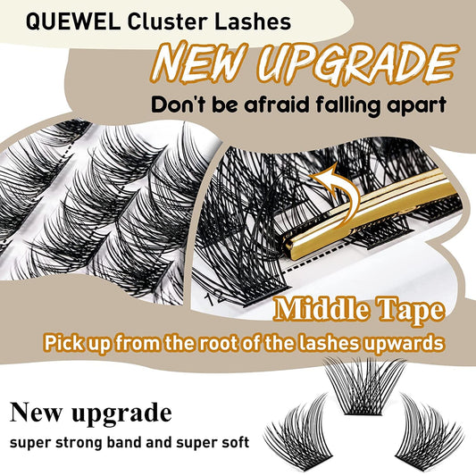 QUEWEL Cluster Lashes 72 Pcs Wide Stem Individual Lashes C/D Curl 8-18mm Length DIY Eyelash Extension False Eyelashes Natural&Mega Styles Soft for Personal Makeup Use at Home (Mega-D-18)