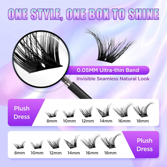 Lash Extension Kit DIY Lash Clusters Kit Eyelash Extensions Individual Lashes Extensions with (168Pcs, Plush Dress, 0.07D 8-18mm)
