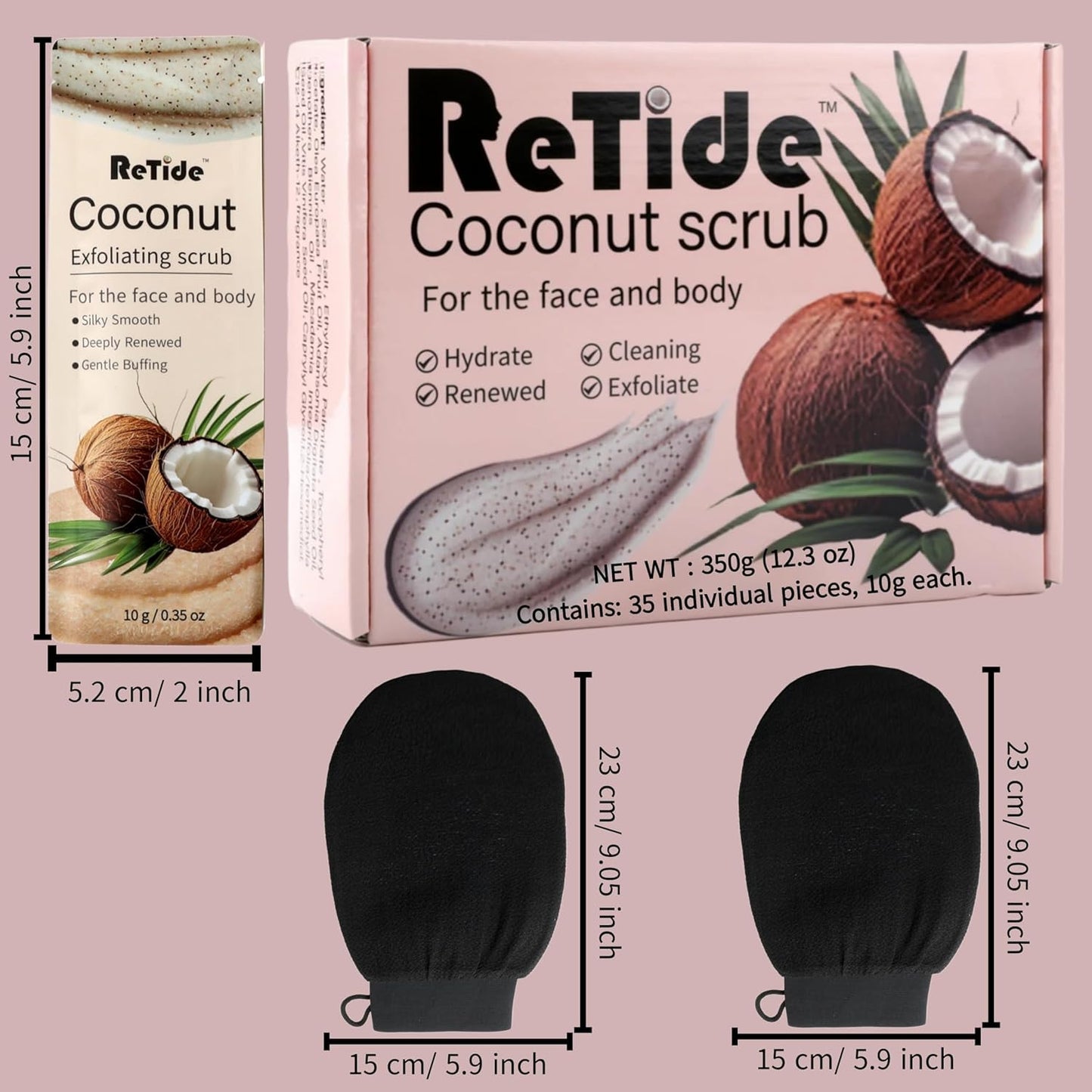 Coconut Body Scrub Gift Set - 35 Packets & 2 Pcs Exfoliating Gloves,Exfoliating & Moisturizing Sugar Scrub for Face & Body, Self Care Gifts for Women