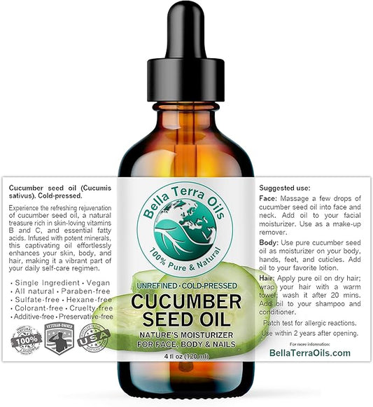 Bella Terra Oils - Cucumber Seed Oil 4 oz - Embrace the Essence of Cucumber, Rich in Linoleic Acid & Phytosterols, Elevate Your Face and Skin Routine