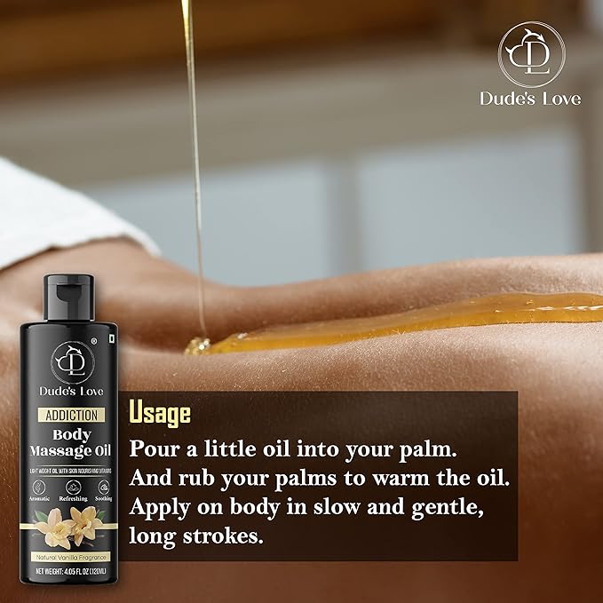 Organic - Vanilla Full Body Massage Oil - No Stain & Non-Sticky | with Fractionated Coconut Oil, Vanilla & Jasmin Oil | for Massage Therapy - 4.05 Fl Oz