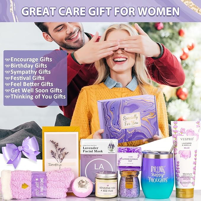 Birthday & Get Well Soon Care Packages & Gift Baskets for Her - Bath Relaxing Spa Set - Self Care Gifts for Women Who Have Everything