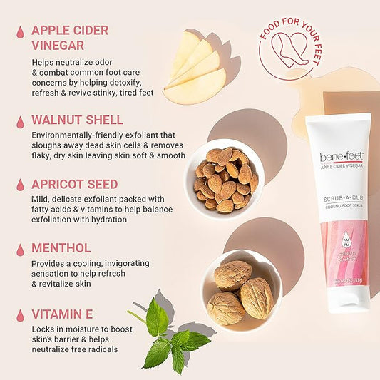 Benefeet Scrub-A-Dub Cooling Foot Scrub - Exfoliates + Refreshes Dry + Dull Skin, Get Smoother Skin from Heel to Toe, Made w/Vitamin E, Apple Cider Vinegar, Walnut Shell + Apricot Seed, 4 oz (1 Pack)