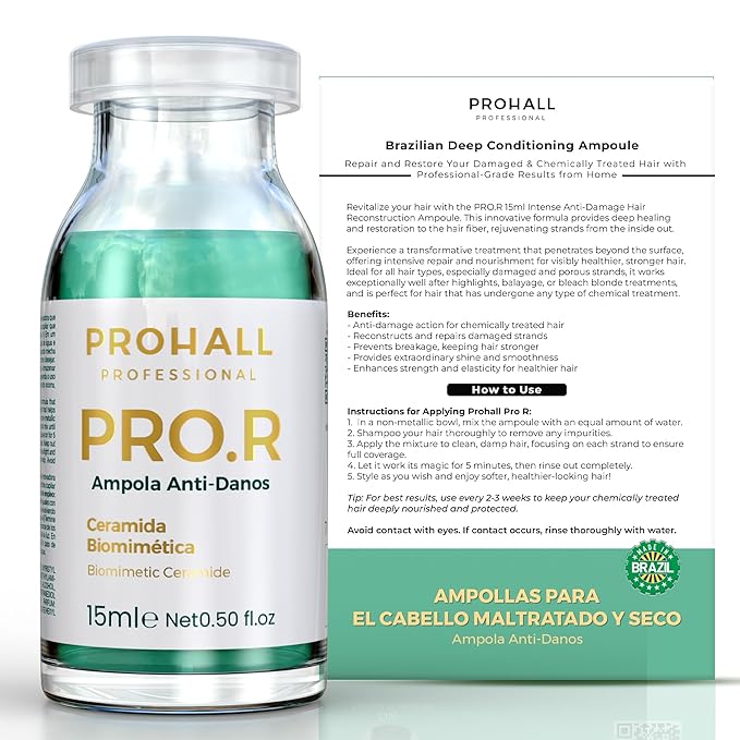 Ampolla Para el Cabello Maltratado Y Seco - Deep Conditioning Hair Mask for Damaged Hair - Pro R Brazilian Hair Protein Treatment for Blondes- Deep Conditioner for Dry Damaged Hair - Prohall 0.50 FLOz