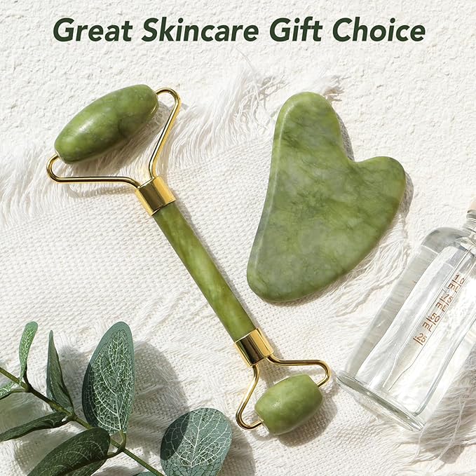 huefull Genuine Jade Roller & Gua Sha Set for Face, Cooling & Firming Effect, Sculpting Tool for Jawline & Skin Care, Self-Care Gift for Women & Men