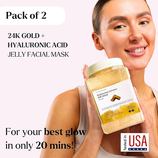 Jelly Face Mask for Facials - 24K Gold + Hyaluronic Acid (Pack of 2) - Hydrating Glowing & Nourishing - Free Jade Roller & Spatula - Professional Hydrojelly Masks -Perfect for Vajacial - 46 Oz Jar