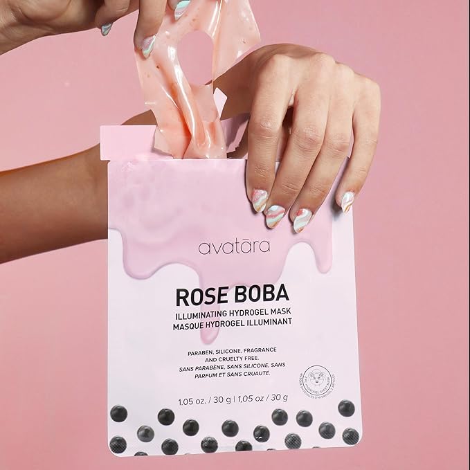 Avatara Rose Boba Hydrogel Mask, Cooling Facial Mask, 2-Piece Glow-Enhancing, Hydrating, Balancing Skin Care Mask with Niacinamide & Rose Extract, 30 g, 1-Pack