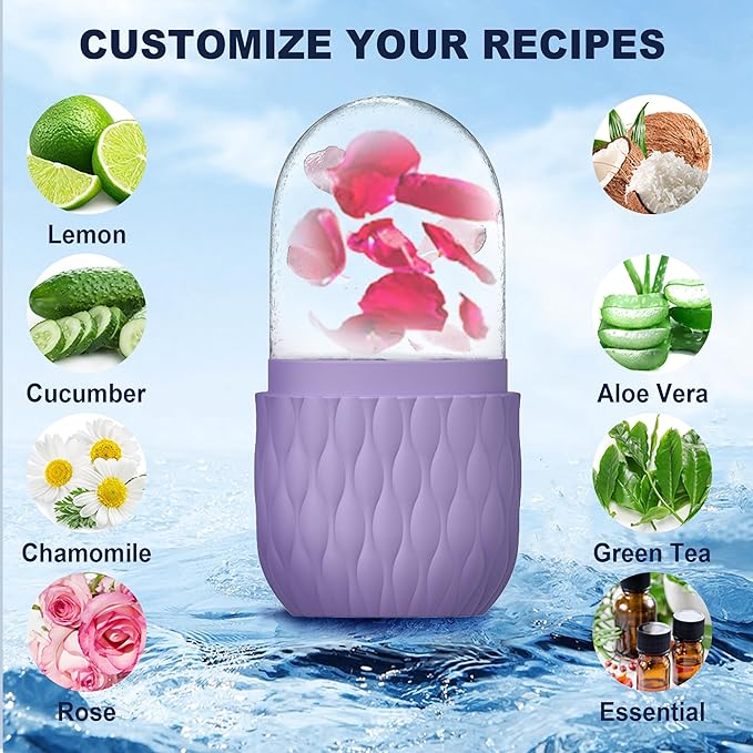 2 Pack Ice Roller for Face and Eye, Skin Care for Shrink Pores Reduce Puffiness, Nursing Tool for Fever, Redness and Swelling, Ice Cube, Ice Mold, Ice Stick, Ice Holder for Face Women Men Purple-Blue