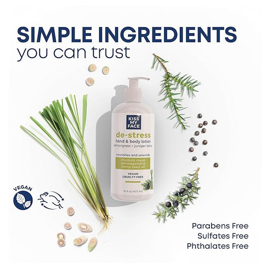 Kiss My Face De-Stress Hand & Body Lotion - Lemongrass + Juniper Berry - Soothing Rhodiola Rosea - With Hemp Seed Oil & Ashwagandha - Vegan & Cruelty-Free - 16 fl oz Bottle
