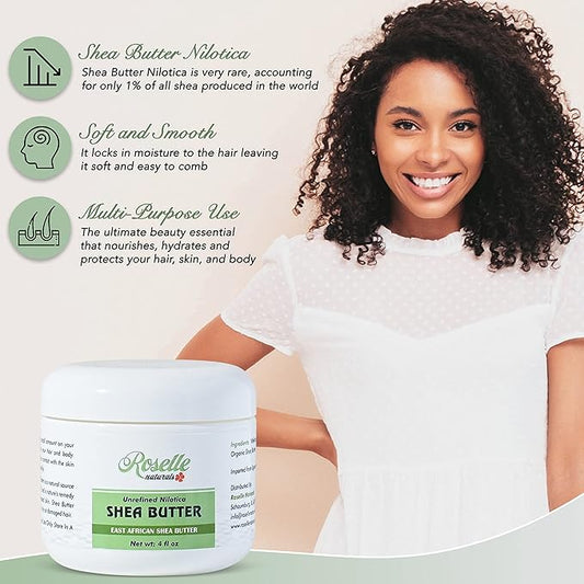 Roselle Naturals African Shea Butter - All Natural Nilotica Shea Butter Raw Organic, Unrefined Pure and Creamy White Shea Nilotica for Skin, Face, Hair and Body, 4 oz