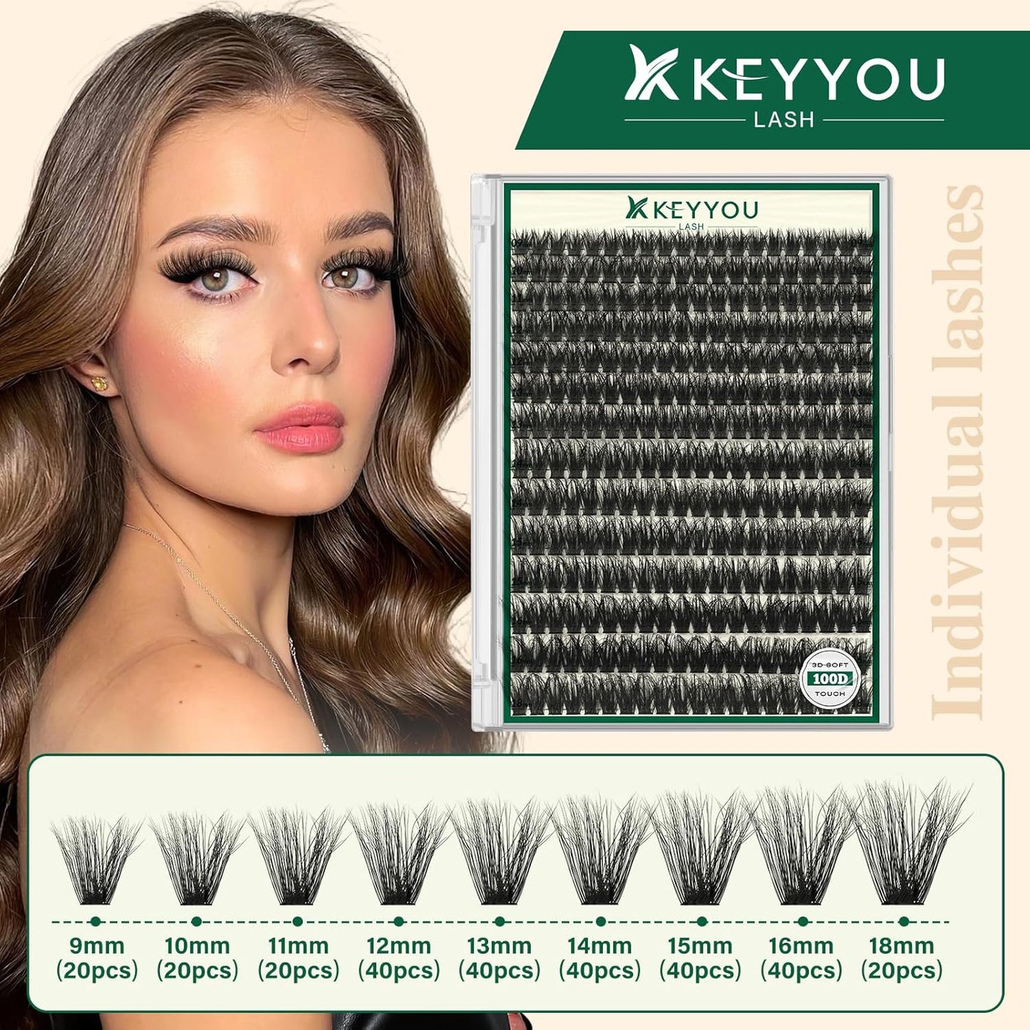 Clusters 3D Effect Eyelash Clusters 280pcs 100D D Curl 9-18MIX Individual Lashes Wispy Lashes Volume Cluster Lashes Natural Soft DIY Lash Extension(3D-100D-D-9-18MIX)