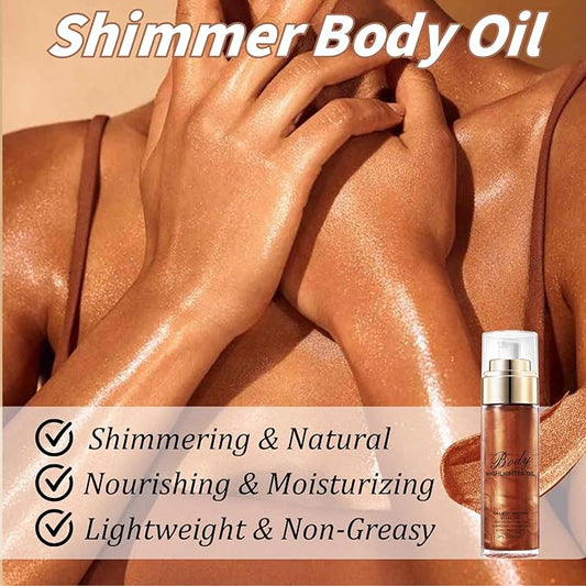 Body Shimmer Oil - Shimmer Body Oil - Moisturizing Gold Brown body Glitter for Women - - Long-Lasting Shimmering Highligter - Summer Essentials for Women - with Applicator Glove with Thumb
