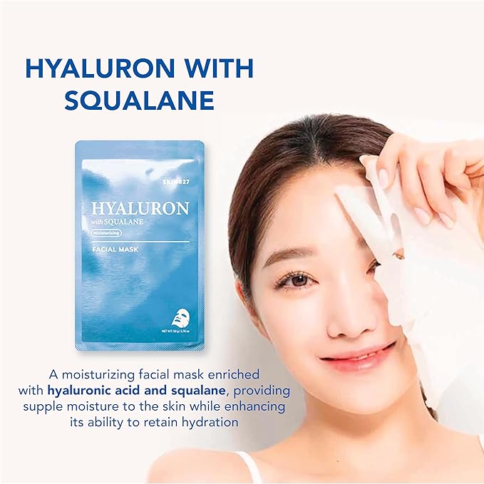 SKIN627 Bulk 12PK Face Masks Skincare, Korean Skincare, Facial Mask, Sheet Masks Korean (12PK Hyaluron with Squalane)