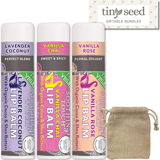 Vegan Lip Balm Set - Variety Pack of 3 Soothing Touch Lip Balms. Includes Bonus Muslin Pouch (3 x 4 in). Unique Gift Bundle from Tiny Seed (Lavender Coconut, Vanilla Chai, Vanilla Rose)