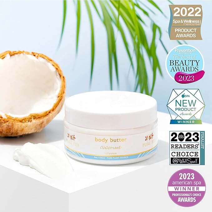 PURE FIJI Body Butter - Moisturizer Body Butter Cream - Face Cream and Body Lotion for Dry Skin with Natural Oils & Vitamin E, Body Butter For Women for Men,Coconut, 8oz