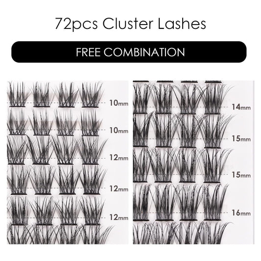 Cluster Lashes 72 Individual Lashes Clusters Eyelash Extensions False Eyelashes DIY Lash Extension Kit Reusable False Eyelashes Natural Look Mix 10-16mm C D Curl-DM06