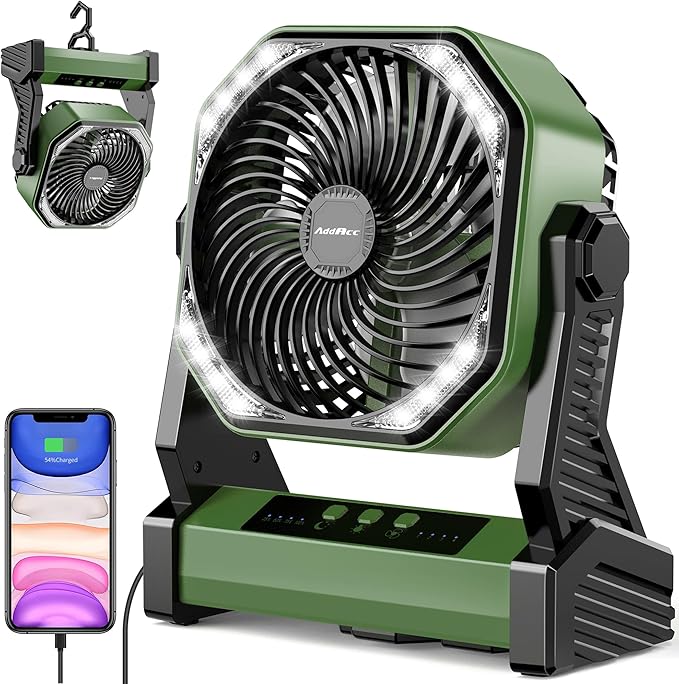20000mAh Camping Fan, Rechargeable Portable Fan with 400 Lumes Light, 360° Rotatable Hook, 270° Pivot, 4 Speeds, 58Hrs Battery Powered for Tent Car Trip Outdoor BBQ Hurricane Power Outages