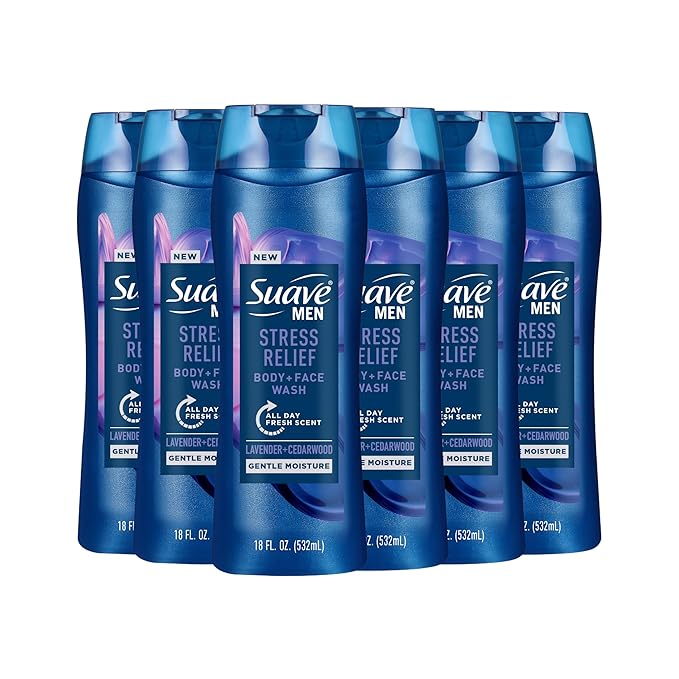 Suave Men’s Stress Relief Body + Face Wash, Gentle Moisture with Lavender & Cedarwood All Day Fresh Scent, 18 oz, 6 Pack