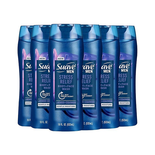 Suave Men’s Stress Relief Body + Face Wash, Gentle Moisture with Lavender & Cedarwood All Day Fresh Scent, 18 oz, 6 Pack