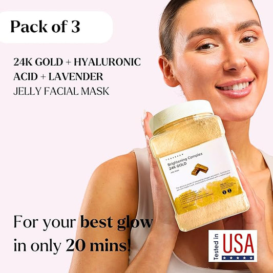 VogueNow Jelly Face Mask for Facials - 24K Gold + Lavender + Hyaluronic Acid (Pack of 3) - Hydrating Brightening & Nourishing - Free Jade Roller & Spatula - Professional Hydrojelly Masks - 69 Oz Jar