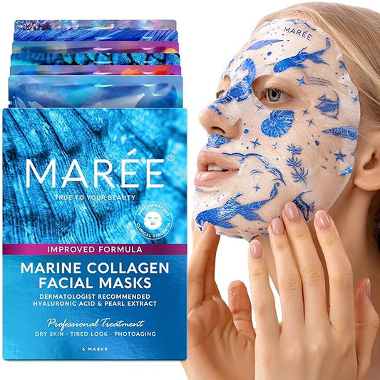 MAREE Collagen Facial Mask with Hyaluronic Acid - Sheet Face Masks Skincare with Green & Red Algae Extract - Hydrating Mascarillas Faciales For Women Skin Care - 6 Count