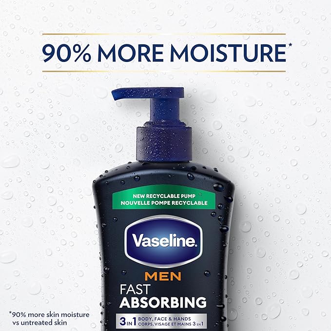 Vaseline Men's Healing Moisture Hand & Body Lotion For Dry or Cracked Skin Fast Absorbing Non-Greasy Lotion for Men 20.3 oz, Pack of 3