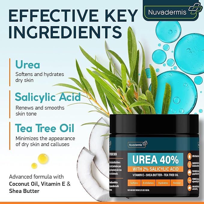 NUVADERMIS Urea Cream 40% for Feet – Maximum Strength Foot Repair Lotion with 2% Salicylic Acid, Shea Butter, Tea Tree Oil, and Vitamin E – For Dry, Cracked Heels – 5.29 oz Jar - 2 Pack