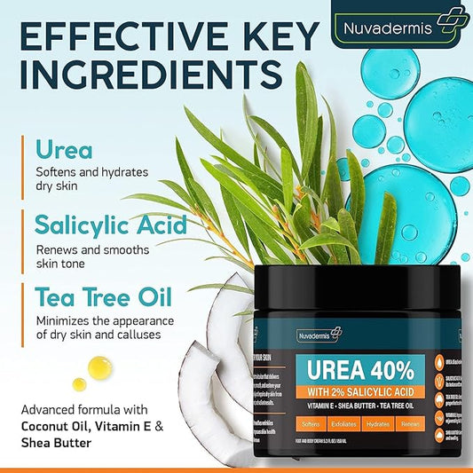 NUVADERMIS Urea Cream 40% for Feet – Maximum Strength Foot Repair Lotion with 2% Salicylic Acid, Shea Butter, Tea Tree Oil, and Vitamin E – For Dry, Cracked Heels – 5.29 oz Jar - 2 Pack