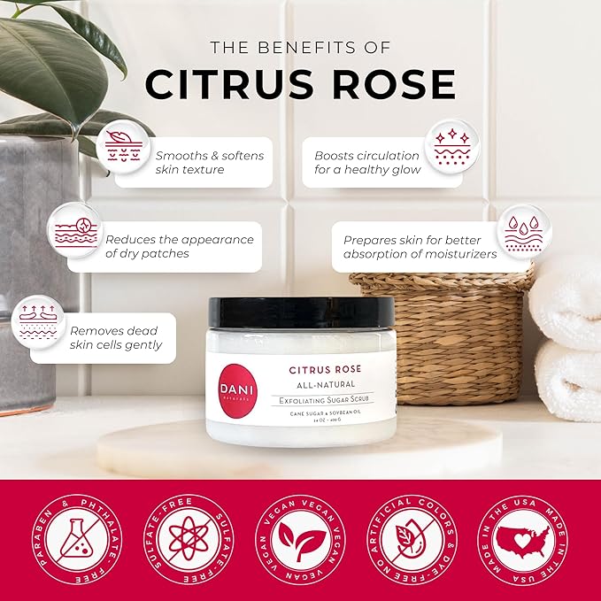 Naturals Exfoliating Sugar Scrub - Citrus Rose - Organic Cane Sugar & Shea Butter - Deep Hydration & Gentle Exfoliation for Smooth, Radiant Skin - 14 oz