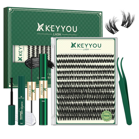 KEYYOULASH Flora Lash Clusters Kit 3D DIY Lashes Extension Kit Eyelash Clusters 144pcs Thick Individual Lashes Fluffy and Soft Wispy Volume Lashes with Waterproof Lash Bond and Seal & Remover (F01)