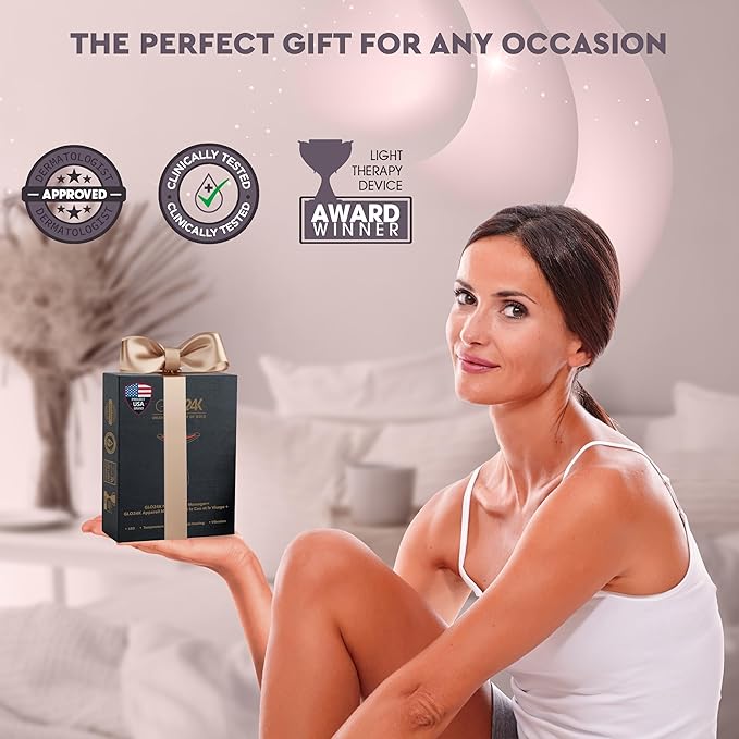 GLO24K Red Light Beauty Device for Face and Neck. Based on Triple Action L E D, Thermal, and Vibration Technologies.