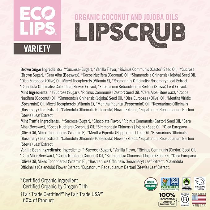Eco Lips LIP SUGAR SCRUB 4 Pack (4-0.25oz jars) 100% Organic Lip Care Treatment with Organic Sugar & Coconut Oil - Gently Exfoliate & Polish Dry, Flaky Lips (Variety 4-Pack)