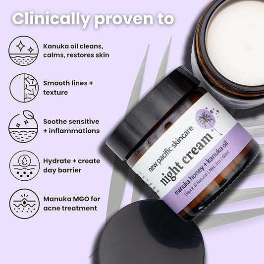 Organic Manuka Honey + Kanuka Oil Night Repair Face Moisturizer Cream | Rejuvenating, Calming, Restoring | 2.5 month supply, 2oz/60ml | Made in New Zealand