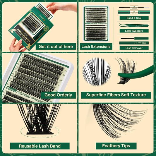 KEYYOU DIY Lash Extension Kit 280pcs Soft Lash Clusters 60D+80D D Curl Easy to Apply with Lash Bond and Seal Lash Applicator Lash Remover Eyelash Extension Kit at Home(RMkit-60D80D-D-10-18mix)