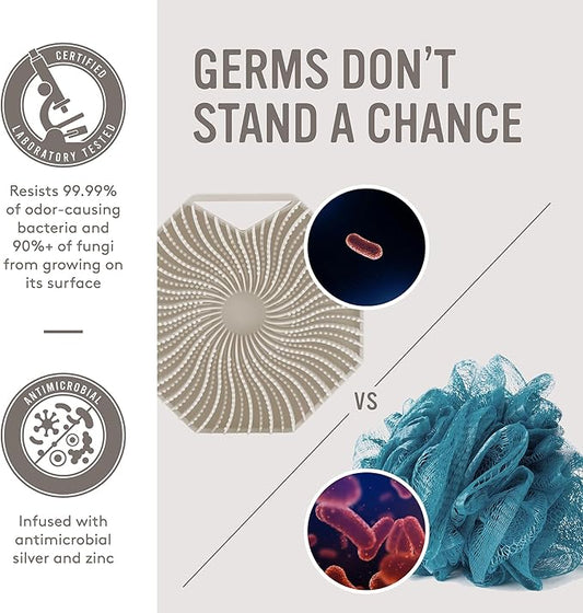 Sud Scrub® Antimicrobial Silicone Body Scrubber, Exfoliating Body Scrubber for Sensitive Skin, Eco Friendly Shower Scrubber for Body, Silicone Body Brush for Showering, Clay