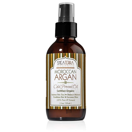 Shea Terra Moroccan Argan Cold-Pressed Extra Virgin Oil | Nutrient-Rich, All Natural & Organic Oil with Anti-Aging Vitamin A and E to Increase Skin Elasticity and Condition Dry & Damaged Hair – 4 oz