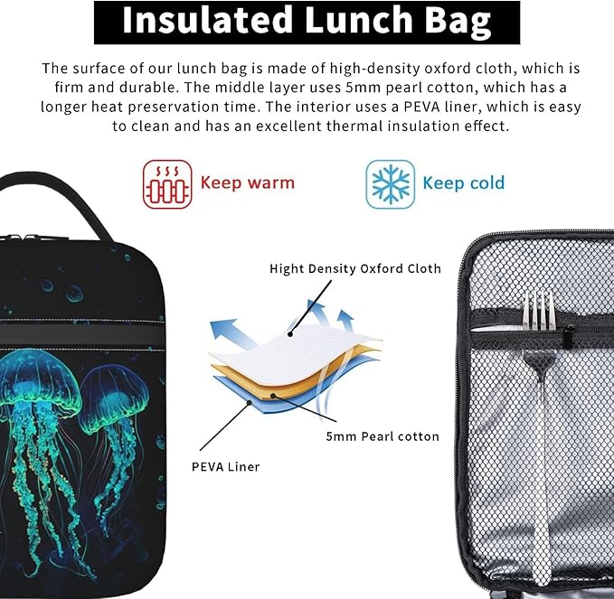 Jellyfish Lunch Bag Insulated Reusable Lunch Box Thermal Cooler Tote For Men Women Work Travel Picnic Hiking