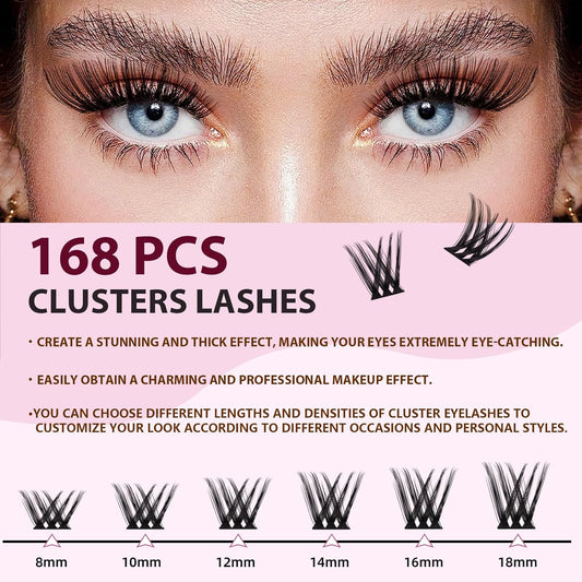 Lash Clusters kit 8-18mm DIY Eyelash Extension Kit 168 Natural Lash Clusters 0.07D D Curl Wispy Individual Eyelash Clusters False Lashes Eye Lash Extension Lash Kits