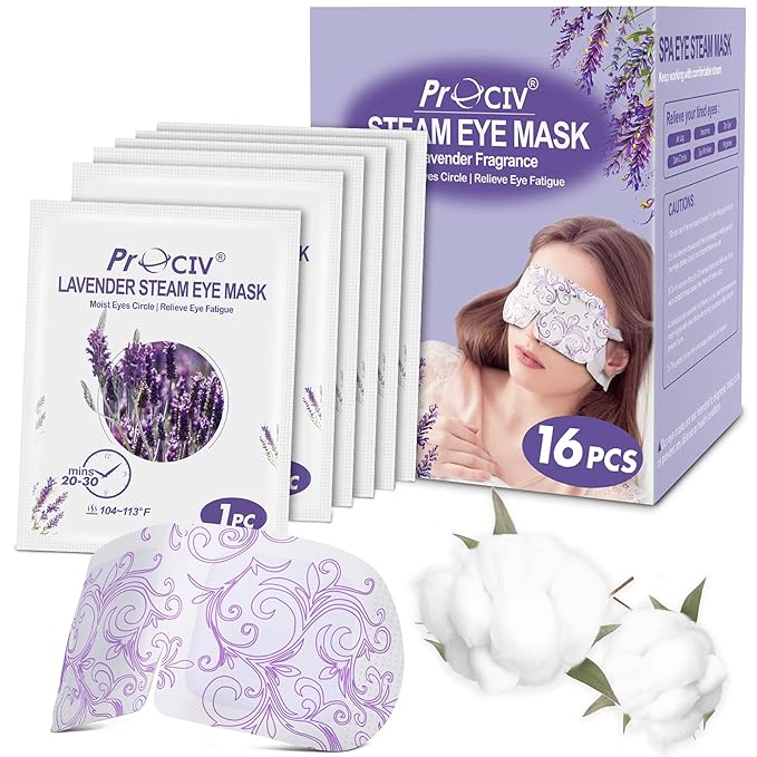 ProCIV FSA/HSA Eligible 16 Packs Steam Eye Masks for Dry Eyes Self Heated Eye Mask Disposable Sleep Mask Soothing Headache Relief Dry,Hot Warm Compress for Stress Relief Relief Eye Fatigue, Spa Gifts