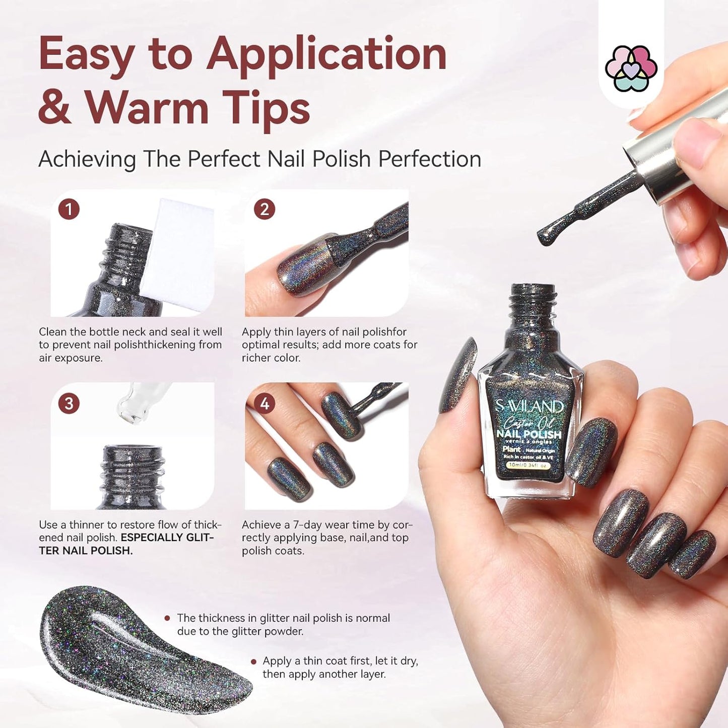 SAVILAND Holographic Black Nail Polish: Metallic Glitter Fingernail Polish Holographic Laser Plant-base Castor Oil Quick Dry Nail Polish Easy Use Remove Chrome Halo Nail Polish Beginner DIY Nail Tech