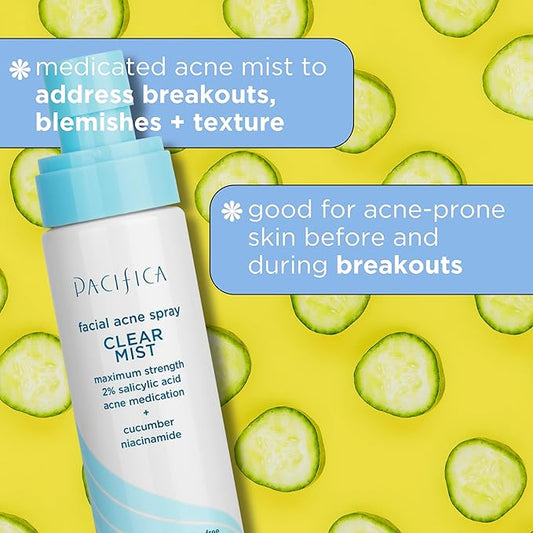 Pacifica Facial Spray for Acne Treatment - Clear Face Mist Acne Spray w/ 2% Salicylic Acid Niacinamide & Aloe - Acne Cleanser - Targets Bacteria for Teens & Adults Vegan Clean Dermatologist Tested