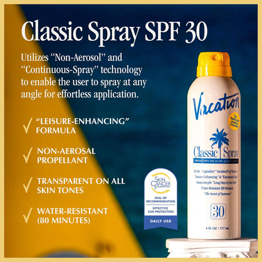 Vacation Classic Sunscreen Spray SPF 30, Water-Resistant, Lightweight, Transparent on All Skin Tones, Dermatologist-Tested, Vegan, 6 Fl. Oz. (Value Pack of 3)