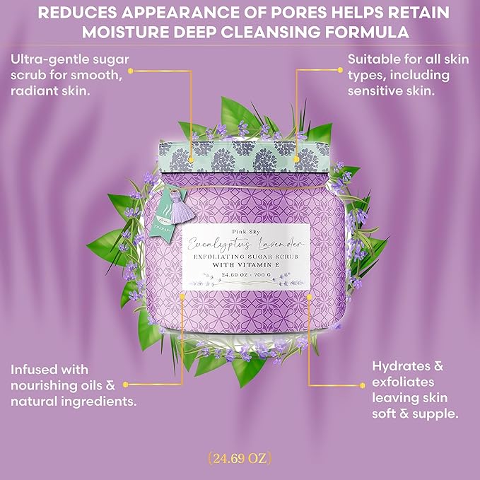 Pink Sky Exfoliating Body Scrub - Ultra Gentle Sugar Scrub for Smooth Skin - Premium Body Scrubs for Radiant, Soft Skin - Ideal Exfoliator for All Skin Types - 700g (Eucalyptus Lavender, 24.69 Oz)