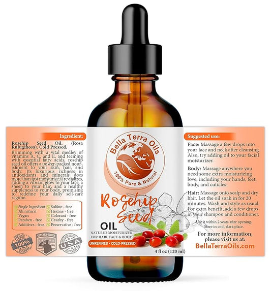 Bella Terra Oils Organic Rosehip Oil for Face, Pure Cold-Pressed Rose Hip Seed Oil for Skin & Hair, Natural Moisturizer & Anti-Aging Facial Oil